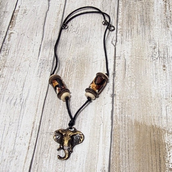 Bronze Elephant Pendant Necklace Boho Animal Print Beads Black Cord Jewelry - Picture 2 of 8